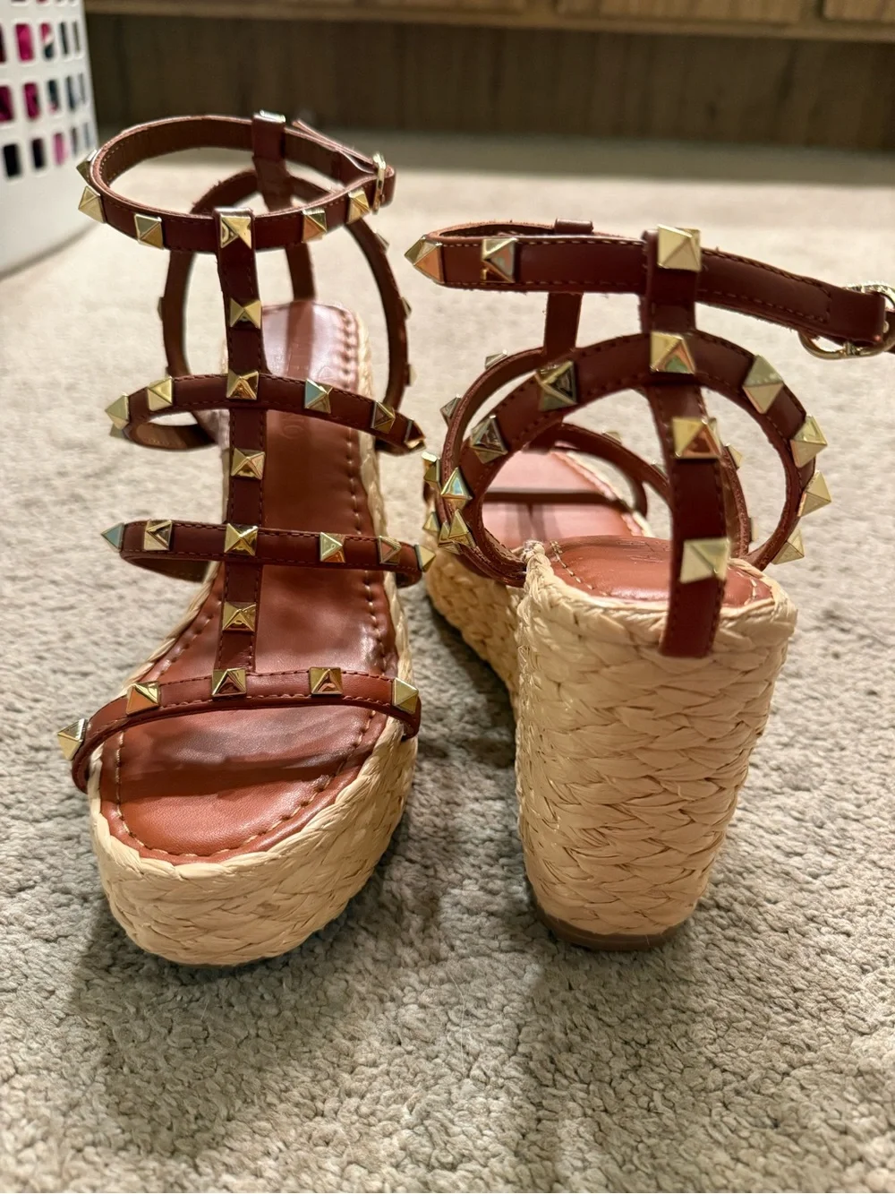 Valentino Tan Rockstud Espadrille Wedge Sandals